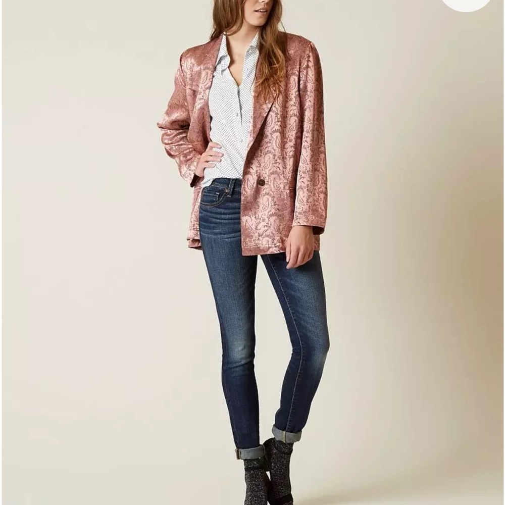 Free People Silky Jacquard Blazer Jacket NWOT Pink Paisley Boho Large - Picture 3 of 6